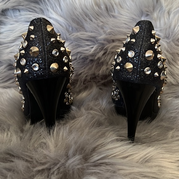 GOLDFISH Spiked and Studded Black Glitter Platform Heels size 9 - Picture 2 of 13